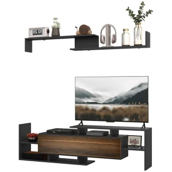 HOMCOM Mobilier TV cu Raft de Perete, Rafturi Deschise si Dulapior din Lemn, 153,6x25x42 cm, Negru | Aosom Romania 1488 imagine