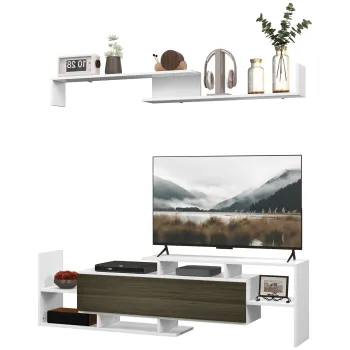 HOMCOM Mobilier TV cu Raft de Perete, Rafturi Deschise si Dulapior din Lemn, Mobilier TV Modern, 153,6x25x42 cm, Alb | Aosom Romania 0771 imagine