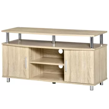 HOMCOM Mobilier TV Modern cu 2 Rafturi, Gauri pentru Cablu si 2 Dulapuri, Mobilier pentru TV pana la 45 , Stejar, 105x40x55cm 