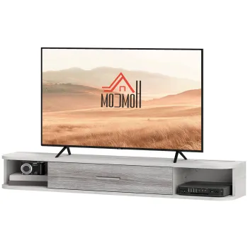 HOMCOM Mobilier TV Suspendat cu 2 Rafturi Deschise si un Dulapior cu Usa Rabatabila, 120x26x16 cm, Gri | Aosom Romania d4ef imagine
