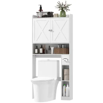 HOMCOM Mobilier WC deasupra toaletei cu dulap usi in forma de X, raft reglabil, compartimente si suport de hartie, alb | Aosom Romania f474 imagine