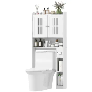 HOMCOM Mobilier WC deasupra toaletei mobilier baie cu dulap cu doua usi si suport pentru hartie 80x19,5x170cm alb | Aosom Romania 48e9 imagine