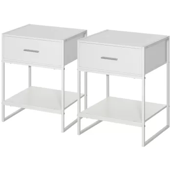 HOMCOM Noptiera Moderna Set de 2, Dulapuri noptiera cu raft sertar, Organizatoare de depozitare pentru dormitor, Camera de zi, Alb | AOSOM RO 9709 imagine