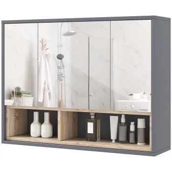 HOMCOM Oglinda de Baie cu 3 Usi si Dulap, Oglinda de Baie cu Compartiment de Depozitare, 80x20x60 cm, Gri | Aosom Romania 606d imagine