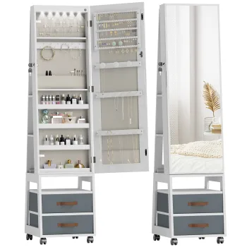 HOMCOM Oglinda Dulap pentru Bijuterii cu LED Interior Roti Pivotant 360? Rafturi Deschise Sertare din Material Textil Alb | Aosom Romania f288 imagine