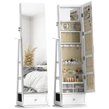 HOMCOM Oglinda-dulap pentru bijuterii cu LED-uri Dulap pentru bijuterii cu oglinda integrala Rotativ 360? Sertar Incuietoare Alb | Aosom Romania 47ac imagine