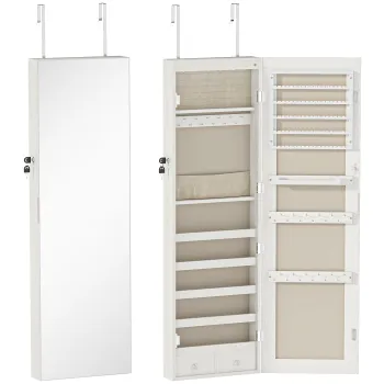 HOMCOM Oglinda-dulap pentru bijuterii cu lumina LED dulap bijuterii montat pe perete sau pe usa cu incuietoare oglinda intreaga alb | Aosom Romania e80b imagine