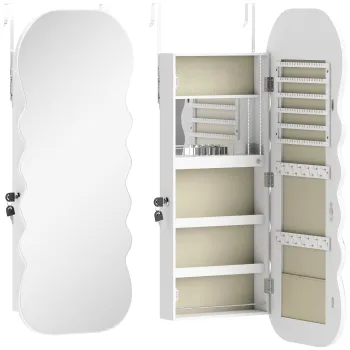 HOMCOM Oglinda-dulap pentru bijuterii cu lumina LED montabila pe perete sau pe usa cu incuietoare Oglinda intreaga Alb | Aosom Romania f116 imagine