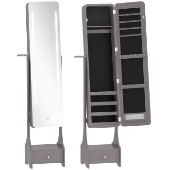 HOMCOM Oglinda-dulap pentru bijuterii cu lumini LED Dulap bijuterii cu oglinda full-length reglabila pe unghi Sertar Oprire automata a luminilor Gri | Aosom Romania 3f51 imagine