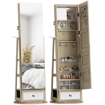 HOMCOM Oglinda-dulap pentru bijuterii cu lumini LED Dulap pentru bijuterii cu oglinda pentru intregul corp Rotativ 360? Sertar Incuietoare Natural | Aosom Romania 2cdc imagine