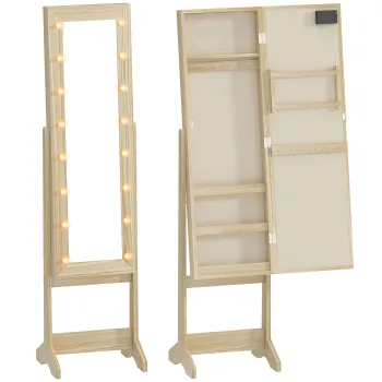 HOMCOM Oglinda Joyero cu Lumini LED Dulap pentru Bijuterii Dulap Joyero de Podea cu Oglinda Integrala Unghi Reglabil Lemn Natural | Aosom Romania dbf6 imagine