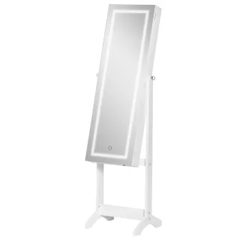 HOMCOM Oglinda suport bijuterii intreaga cu lumina LED, dulap suport bijuterii autoportant cu inclinare si blocare reglabile, alba 298c imagine