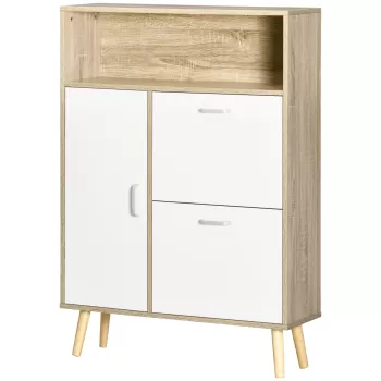 HOMCOM Pantofar cu 2 usi rabatabile si dulap pentru pantofi, reglabil, natural, alb | AOSOM RO 374b imagine