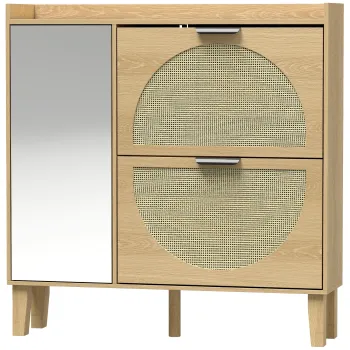 HOMCOM Pantofar Ingust Boem cu Oglinda 2 Usi din Ratan Dulap 10 Perechi Rafturi Reglabile 94,5x24x96,5 cm Stejar | Aosom Romania cb10 imagine