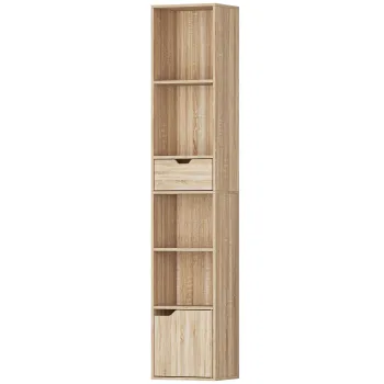 HOMCOM Raft Biblioteca cu 4 Nivele Deschise, cu Dulap si Sertar, 30x24x158 cm, Lemn Natural | Aosom Romania 99e3 imagine