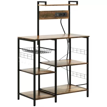 HOMCOM Raft de Bucatarie cu Prize Mutiple, Dulap Bucatarie pentru Microunde cu Rafturi si Cos din Sarma Stil Industrial, 90x42x130cm, Maro f0b6 imagine