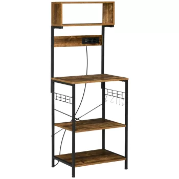 HOMCOM Raft de Bucatarie cu Prize Mutiple, Dulap Bucatarie pentru Microunde cu Rafturi si Manere din Sarma Stil Industrial, 90x42x130cm, Maro bc7e imagine
