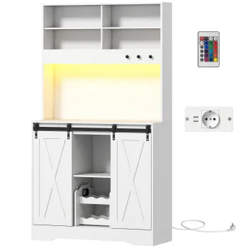 HOMCOM Servanta de Bucatarie Rustica 180 cm, Dulap cu Priza de Alimentare, Lumini LED, Suport pentru Sticle, Suprafata pentru Cuptor cu Microunde, Rafturi Deschise, Usi Glisante, Orificiu pentru Cabluri, Alb | Aosom Romania 64ab imagine