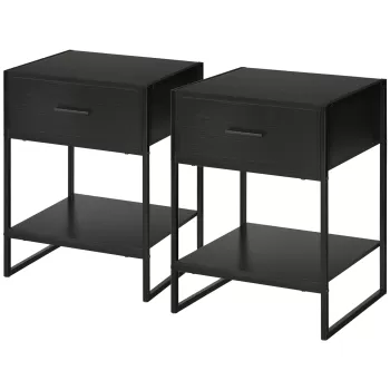HOMCOM Set de 2 noptiere moderne Dulapuri noptiera cu Sertar Raft, depozitare pentru dormitor, Camera de zi, Negru | AOSOM RO 96fe imagine
