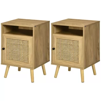 HOMCOM Set de 2 noptiere moderne pentru dormitor si living cu dulap si raft deschis, din PAL, ratan si MDF, 39x35x60 cm | AOSOM RO ad93 imagine
