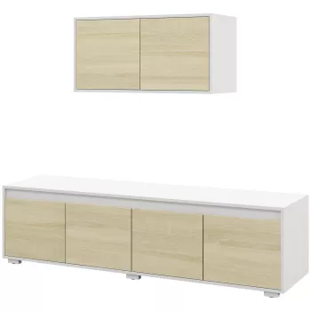 HOMCOM Set de 2 Piese pentru Televizor cu Dulap de Perete, Unitate de Divertisment Independenta pentru Televizoare de 70 de inci, cu Rafturi Reglabile si Gauri pentru Cabluri, Natur c577 imagine