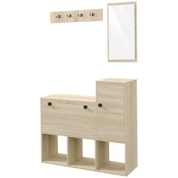 HOMCOM Set de Organizare a Intrarii 3 in 1 cu Banc de Depozitare a Pantofilor pentru 9 Perechi de Pantofi, Pom de Hol cu Oglinda, Dulap si Rafturi Deschise, Raft de Perete cu 4 Carlige, Natur cd17 imagine