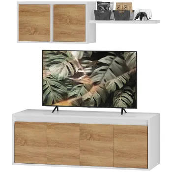 HOMCOM Set Mobilier TV si Dulap Suspendat cu 7 Rafturi si Raft Deschis, Mobilier pentru TV din PAL, 120x41x43,3 cm, Alb | Aosom Romania 07f4 imagine
