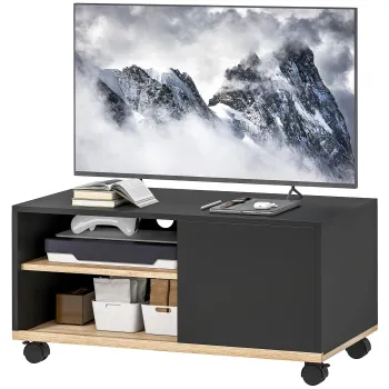 HOMCOM Stand TV pe Roti cu 2 Frane - 2 nise + Dulap cu Usa 2 Treceri pentru Cablu - din Lemn Negru si Stejar Deschis | Aosom Romania fc0f imagine