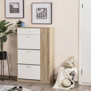 HOMCOM Suport pentru Pantofi Modern care Economiseste Spatiu cu 3 Usi si Rafturi Reglabile, Sertar si Dulapior cu Polite, Culoarea Lemnului si Alb e323 imagine