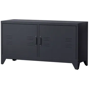 HOMCOM Suport TV banc televizor design industrial 2 dulapuri cu 2 rafturi reglabile treceri pentru cabluri structura otel negru | Aosom Romania 1e0e imagine