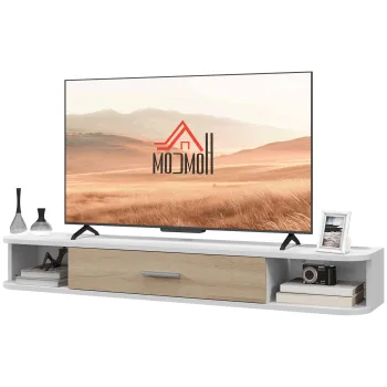 HOMCOM Suport TV suspendat banc TV pana la 50 de inch cu compartimente deschise si dulap cu usa rabatabila alb | Aosom Romania ee30 imagine
