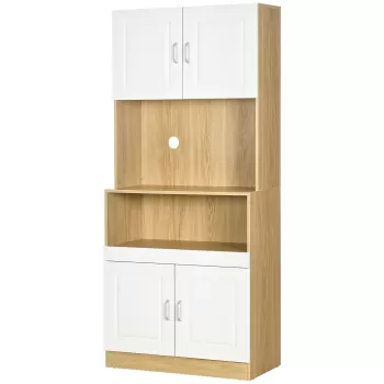 HOMCOM Unitate de camara inalta din PA de culoare alb si lemn cu 4 usi cu dulapuri si raft deschis, pentru bucatarie si sufragerie, 80x40x180 cm c7dc imagine