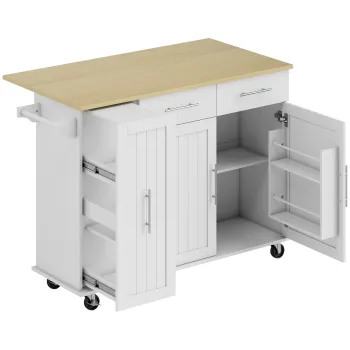 Insula de Bucatarie HOMCOM cu 5 Roti si Suport pentru Prosoape, 2 Sertare, 4 Rafturi si Dulap, din Lemn, 129x65x91 cm | Aosom Romania 55b7 imagine