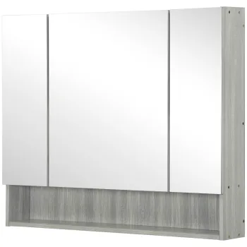 kleankin Dulap cu Oglinda cu 4 Sectiuni si Rafturi Reglabile, Oglinda de Baie din Lemn si Sticla, 90x15x75 cm, Gri | Aosom Romania 66b5 imagine