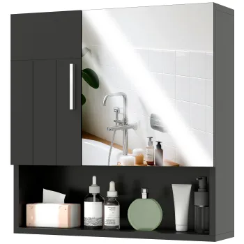 kleankin Dulap cu Oglinda pentru Baie 2 Usi si Raft Deschis 54x15.2x55.3 cm Negru | Aosom Romania 108c imagine