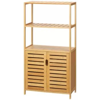 kleankin Dulap de baie cu 2 rafturi deschise si dulap cu doua usi, din bambus cu usa cu clapeta, natural | AOSOM RO 5c7e imagine