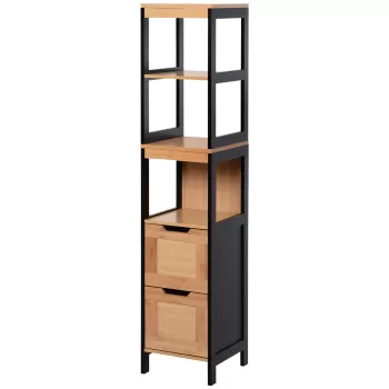 Kleankin Dulap de baie cu 2 sertare si 3 compartimente deschise, mobilier baie din lemn MDF si bambus 30x30x144,3 cm, culoare lemnului | AOSOM RO 40c8 imagine