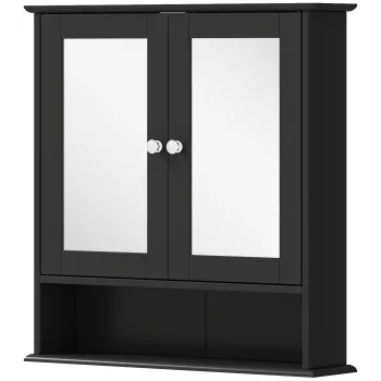 kleankin Dulap de baie cu oglinda Dulap de perete cu 2 usi Raft deschis Raft reglabil 56x13x58cm Negru | Aosom Romania 476b imagine