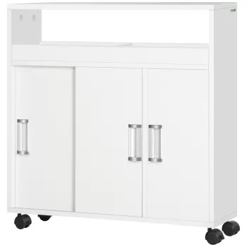 kleankin Dulap de baie cu usi glisante, raft reglabil si 4 roti din placi aglomerate si aliaj de aluminiu, 70x20x71 cm, alb 3cf1 imagine