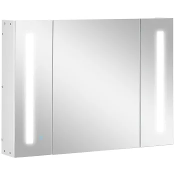 Kleankin Dulap de Baie LED cu Oglinda, Organizator de Depozitare Reglabil, Montat pe Perete cu 3 Usi, Oglinda si Rafturi Reglabile, 90x15x65 cm, Alb 82b4 imagine