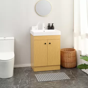 Kleankin Dulap de baie sub lavoar din PAL cu rafturi reglabile si chiuveta curbata din piatra artificiala, 60x41,5x88 cm, culoare alb si lemn | AOSOM RO 2e87 imagine
