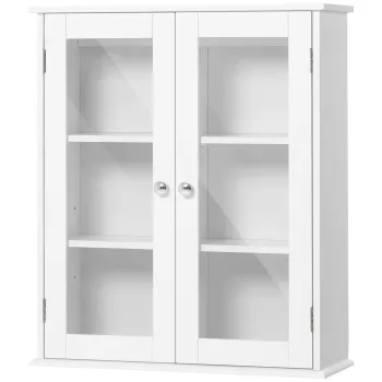 Kleankin Dulap de Baie Suspendat cu 2 Usi din Lemn si Sticla, Dulap de Perete Multifunctional, 55x20x65 cm, Alb | Aosom Romania e385 imagine