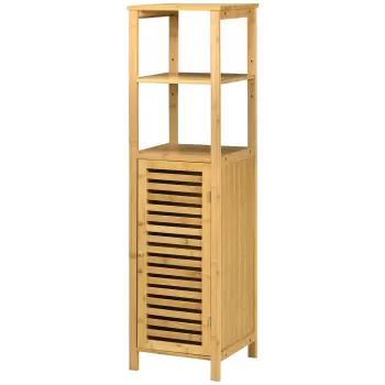Kleankin Dulap de depozitare pentru baie din bambus, dulap de podea pentru baie cu 2 rafturi deschise si dulap cu usi, culoarea bambus natural 1111 imagine