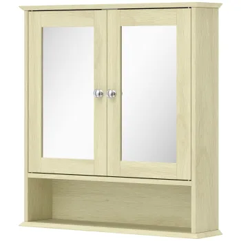 kleankin Dulap de perete pentru baie cu oglinda, 56 x 13 x 58 cm, mobilier de baie cu usi-oglinda duble, efect lemn natural | Aosom Romania d10c imagine