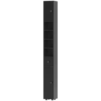 kleankin Dulap ingust pentru baie 180 cm, raft pentru hartie igienica cu compartimente deschise, 2 dulapuri, Negru | Aosom Romania 4c34 imagine