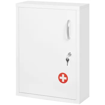 kleankin Dulap pentru Medicamente cu 3 Polite cu Incuietoare si 2 Chei de Siguranta, Dulap din Otel pentru Medicamente, 40x15x53,5 cm, Alb a34c imagine