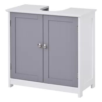 kleankin Dulap sub Chiuveta de Baie cu Taiat in U, Dulapior 2 Usi si Etajera Reglabila din MDF, 60x30x60cm Alb Gri 4ef3 imagine