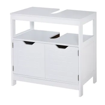 kleankin Dulap sub lavoar Cabinet de baie cu raft 2 usi depozitare Dispozitiv anti-rasturnare Rezistent la umiditate 60x30x60 cm Alb | Aosom Romania c93b imagine