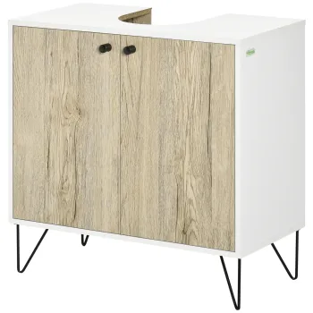 kleankin Dulap sub lavoar, mobilier de baie cu 2 usi, picioare din otel, 60 x 30 x 60 cm, alb si lemn natural | Aosom Romania 54bc imagine