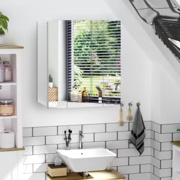 kleankin Dulapior Baie cu 3 Usi cu Oglinda, Dulapior Suspendat Baie din lemn Alb, Etajere Interioare Reglabile, 70x15x60cm dcad imagine